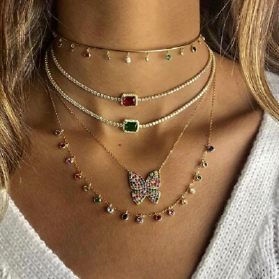 #ad 18k White Gold Plated Multicolor Tennis Necklace made w Swarovski Crystal Tassel $49.00