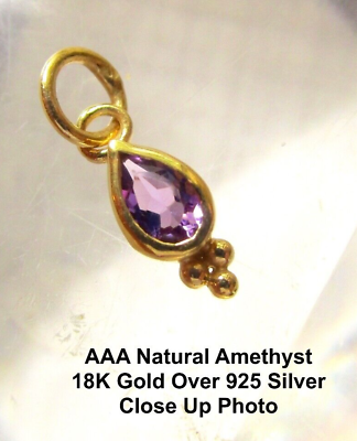 #ad Amethyst Gemstone Charm Tiny Teardrop Pendant 18kt Gold vermeil Sterling Silver $13.59