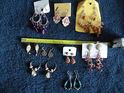 #ad 9 Unique Pairs of Dangling Pierced Earrings Yellow Purple Red Turquoise $65.00