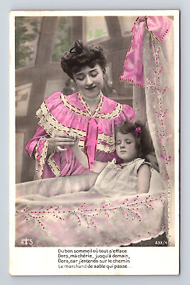 #ad RPPC French Hand Colored Mother Daughter Sleep Sandman Poem Pink Postcard $8.36