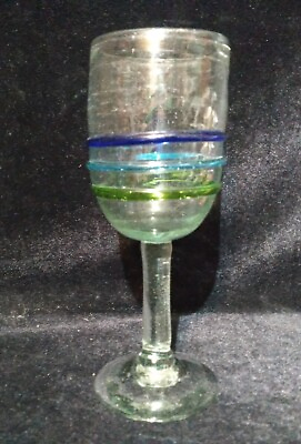 #ad Wine Water Goblets Mexican Hand Blown W Cobalt Blue Aqua Lime Accent 8”H 10oz $13.00