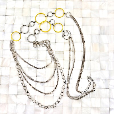 #ad Yellow amp; Silver Tone Circle Layered Multi Chain Necklace The Vintage Strand#1360 $4.89