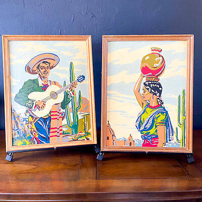 #ad Vintage PAIR Medium Framed Paint by Numbers MEXICAN COUPLE Man amp; Woman Guitar $118.00
