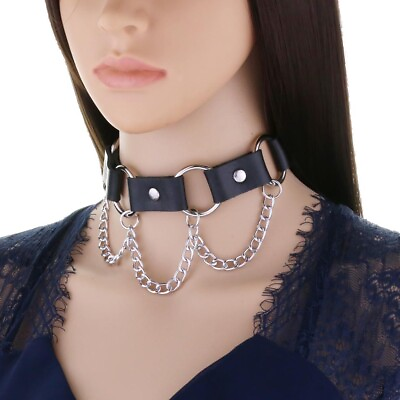 #ad Allacki Gothic O ring Chain PU Leather Choker Collar Necklaces for Women $7.99