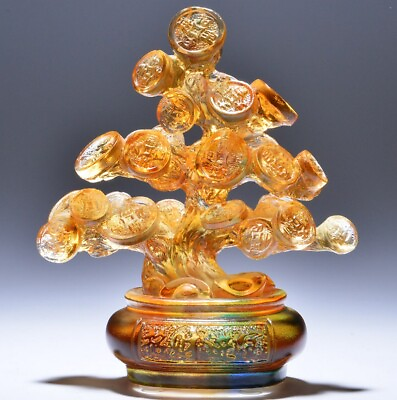 #ad Crystal Coin Tree Statue Chinese Liu Li Glass Feng Shui Wealth Bonsai Money Deco $124.72