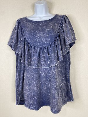 #ad Hayden Womens Size M Blue Vintage Dye Knit Ruffle Blouse Short Sleeve $6.32