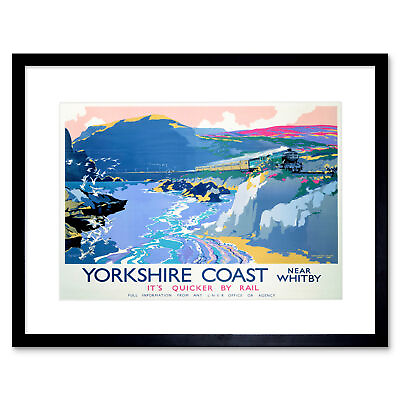 #ad Travel Yorkshire Whitby England UK Steam Train Gulls Sea Framed Wall Art Print $34.99