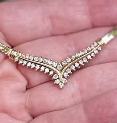 #ad 14K SOLID YELLOW GOLD HERRINGBONE NECKLACE W 45 REAL DIAMONDS 16” Long 15 Grams $2350.00