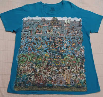 #ad Men#x27;s XL Where#x27;s Waldo Blue Graphic Underwater Ocean AOP Graphic T Shirt $16.00