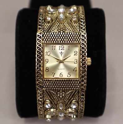 #ad Bronze Gold Tone Ladies Watch Jeweled Fixed Cuff Bracelet w New Battery $9.95