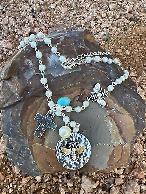 #ad CROSS PEARL LAYER TURQUOISE NEW BEE ANNIVERSARY NECKLACE BIRTHDAY HONEY GARDEN $4.50