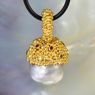 #ad Gigantic South Sea Pearl Pendant Gold Vermeil Sterling Diamond amp; Ruby 13.55g $429.00