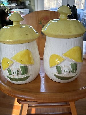 #ad Yellow Mushroom vintage Single Sided 2 Piece Ceramic Canister Set with Lids $64.00