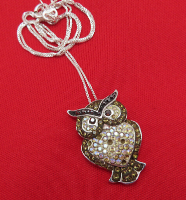 #ad Vintage Necklace Sterling Silver Owl Pendant Black Gold Clear Crystal 18 in 341c $18.99