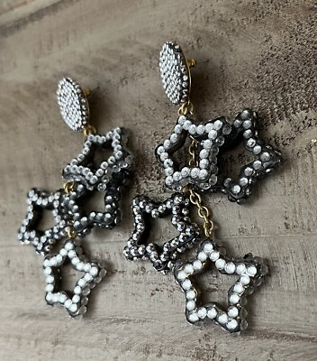 #ad J Crew Starry Drop clear Crystal Star Chandelier Earrings Black Silver $20.39