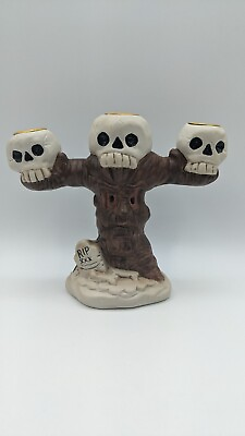 #ad Spooky Tree Skull Tree Halloween Candle Holder Candelabra RIP Ceramic $25.00