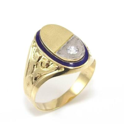 #ad Vintage 14K White Gold Yellow Gold Men#x27;s Ring 10.75 Blue Enamel Clear CZ $495.00