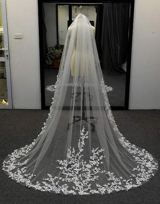 #ad Wedding Veils 3D Flowers Floral Veil 1 Tier Long Cathedral Lace Edge Exquisite $64.57