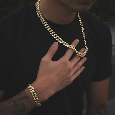 #ad 14k Yellow Gold Diamond Cuban Link Choker Bracelet Chain Necklace Bundle $229.00