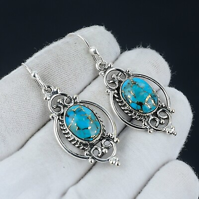 #ad Blue Copper Turquoise Gemstone Handmade 925 Sterling Silver Earring For Gifts $24.99