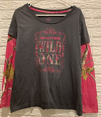 #ad Realtree “Wild One” Long Sleeve T Shirt Women’s XL Gray w Pink Sleeves $13.95