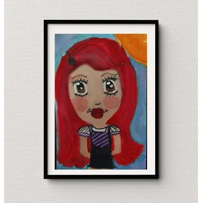 #ad Original Art Painting Whimsical Red Head Girl Woman Cartoon Signed 4quot;x6quot; $9.99
