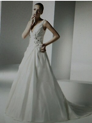 #ad Anjolique Ivory Bisque Silk V Neck Silk Taffeta Princess Wedding Gown Size 10 $69.00