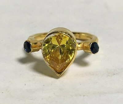 #ad Natural Drop Citrine amp; Sapphire Ring 22K Gold Over 925 Sterling Silver L@@K $50.00