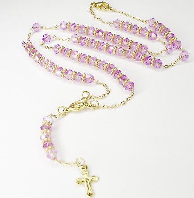 #ad Rosary Pink Beads Necklace Gold Plated Blessed by Pope for Women $18.99
