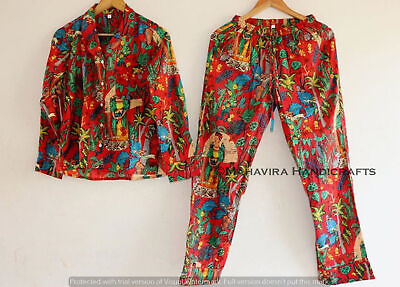 #ad Indian 100% Cotton Red hippie Nightwear Floral Print gypsy Women Boho Pajama set $32.19