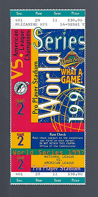 #ad VINTAGE 1997 WORLD SERIES FULL BASEBALL TICKET INDIANS @ FLORIDA MARLINS GAME #2 $10.00