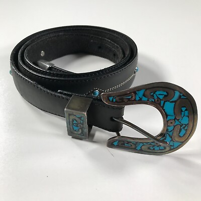 #ad Brighton Onyx Belt Womens 40 Sterling Silver 925 Blue Turquoise Studded Black $299.99