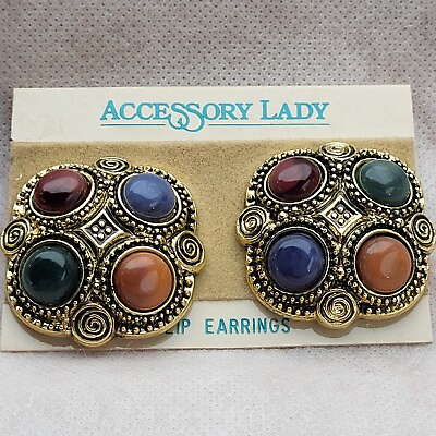 #ad Vintage NWT Accessory Lady Gold Tone Genuine Lucite Clip on Earrings Chunky $25.00