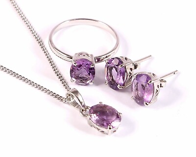 #ad Natural Amethyst Ring Earrings Pendant Jewelry Set Simple 925 Sterling Silver $44.88