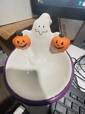 #ad Ceramic Ghost amp; Pumpkins Candy Bowl Happy Halloween Centerpiece Dish 8quot;Lx6quot;H Z12 $24.49