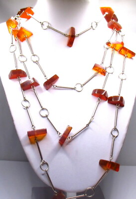 #ad Vintage Silver Amber Silver Necklace Long 72quot; $90.99