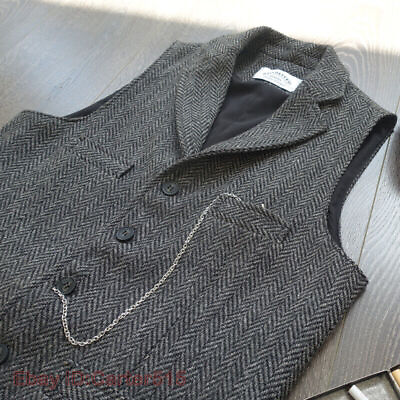#ad British Vintage Tweed Herringbone Flat Collar Slim Fit Wool Tooling Male Vest $53.79