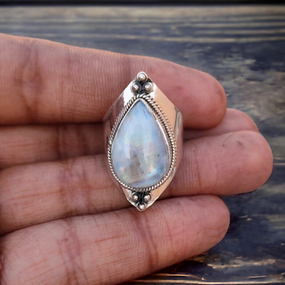#ad Gorgeous Rainbow Moonstone Pear Shape Boho Ring Unique Handmade Jewelry $35.44