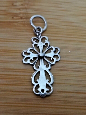 #ad Sterling Silver 21x12mm Small Pretty Cut Out Lace look Cross Charm $15.29
