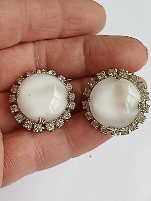 #ad Vintage White Moonstone Cabochon Clear Rhinestone Clip On Earrings Silver Tone $39.47