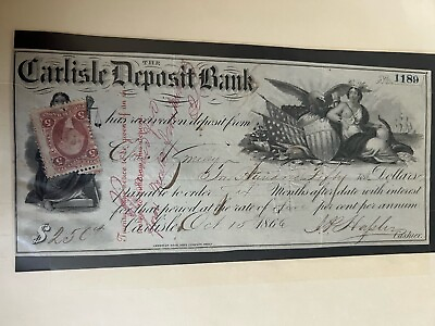 #ad 1866 Carlisle PA Deposit Bank Check with Revenue Patriotic Vignette $31.20