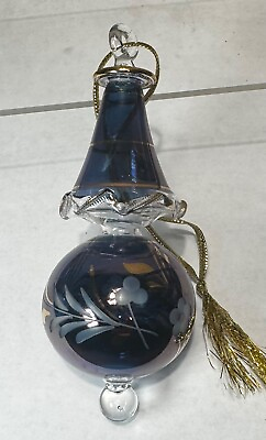 #ad Vtg Blown Glass Christmas Ornament Blue Floral $19.95