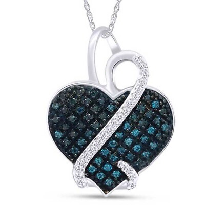#ad 2 7 Cttw Natural Blue amp; White Diamond Heart Pendant Necklace 18quot; Genuine Silver $308.03