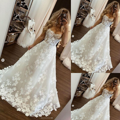 #ad Princess Wedding Dresses Strapless 3D Flower Lace A Line Bridal Gown White Ivory $143.23