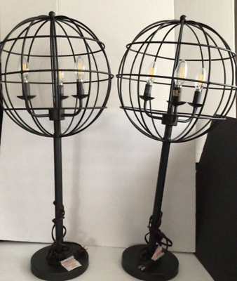 #ad Industrial Lamp Set Metal Cage Fixture Sphere Orb Black Matte OOAK Vintage? $249.99