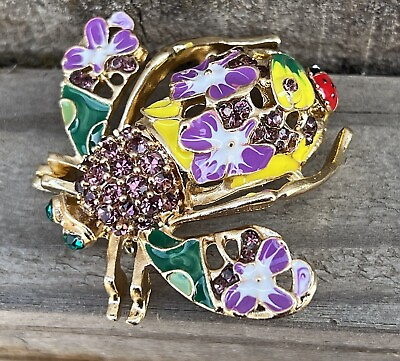 #ad Vintage Purple Flower Bee Insect Bug Crystal Glass Rhinestone Large Brooch Pin $11.99