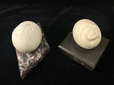 #ad ART DECO BIRD EGG PAPERWEIGHTS Natural STONE MARBLE Pair Engraved Earth Tone Art $260.00