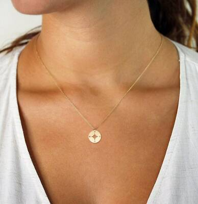 #ad 14K Gold Dainty Compass Charm Gold Necklace Yellow Gold Solid Gold Disc Penda $155.00