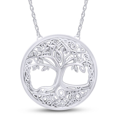 #ad Tree Life Pendant Necklace Round Cut Diamond Simulated 14K White Gold Plated 925 $45.99
