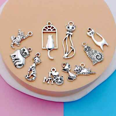 #ad 10 pcs Mix Cat Charms Handmade Craft Pendant Making Vintage Silver Color $14.99